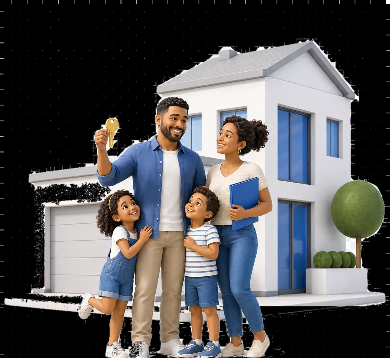 Família com duas crianças em frente à casa nova; o pai segura a chave e a mãe, a pasta do financiamento