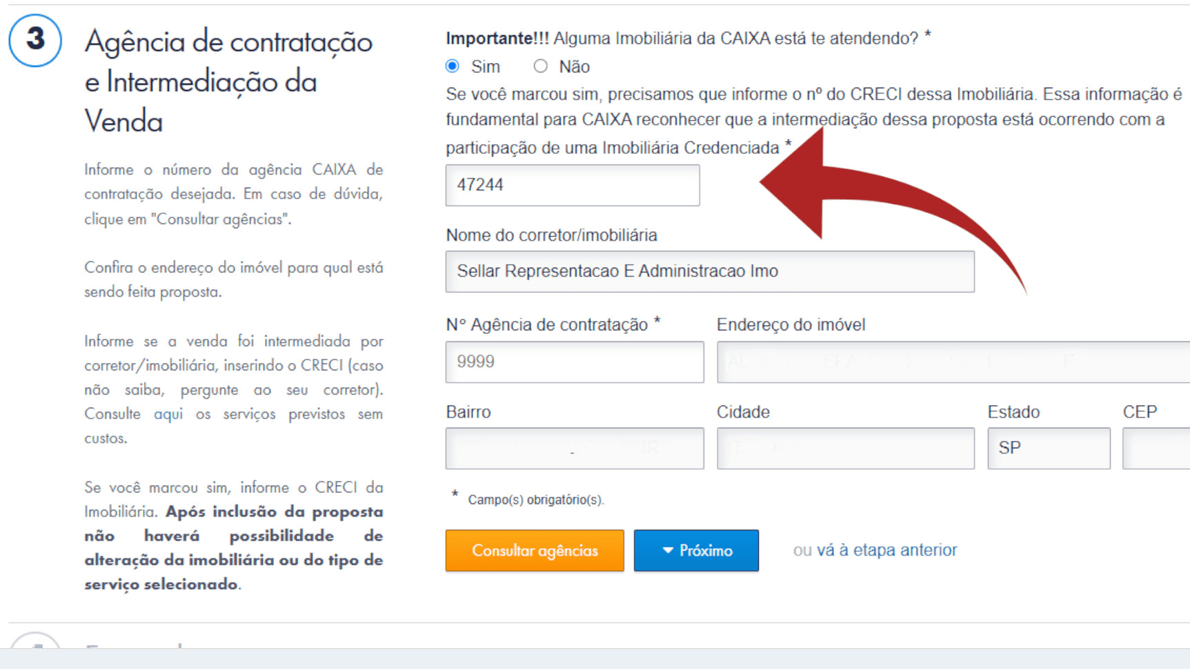 Etapa 3 da proposta Caixa — campo de intermediador onde deve ser indicada a Sellar